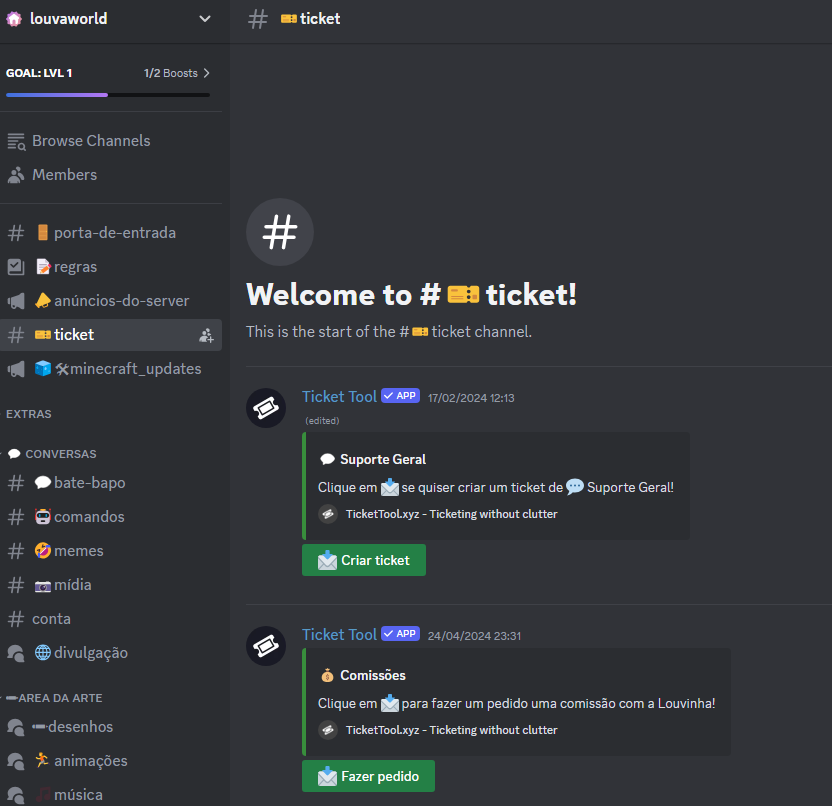 Imagem mostrando o canal ticket do servidor Louvaworld